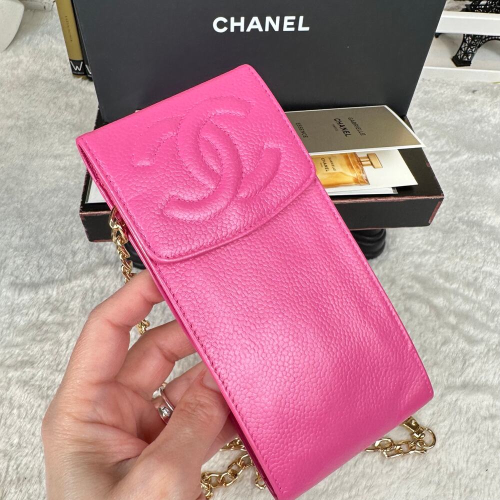 Chanel pink leather phone case pouch crossbody bag with chains CUTE - Picture 5 of 12